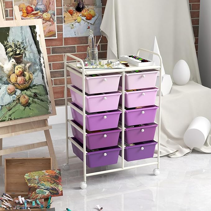 LDAILY 10 Drawer Rolling Cart, Storage Cart Organizer on Wheels, Drawer Cart with Metal Frame & Large Storage Capacity, Rolling Cart with Drawers for Living Room Classroom, Office