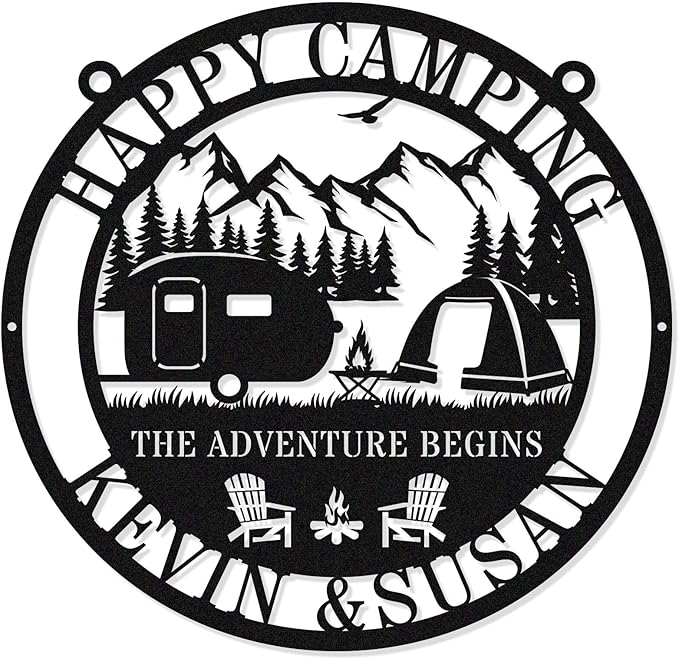 Custom RV Camping Metal Sign for Camper Decor, Personalized Name Sign for Campsite, Outdoor Wall Hanging Campground Sign, Family Camping Gift, Metal Campfire Decor for Trailer or Motorhome