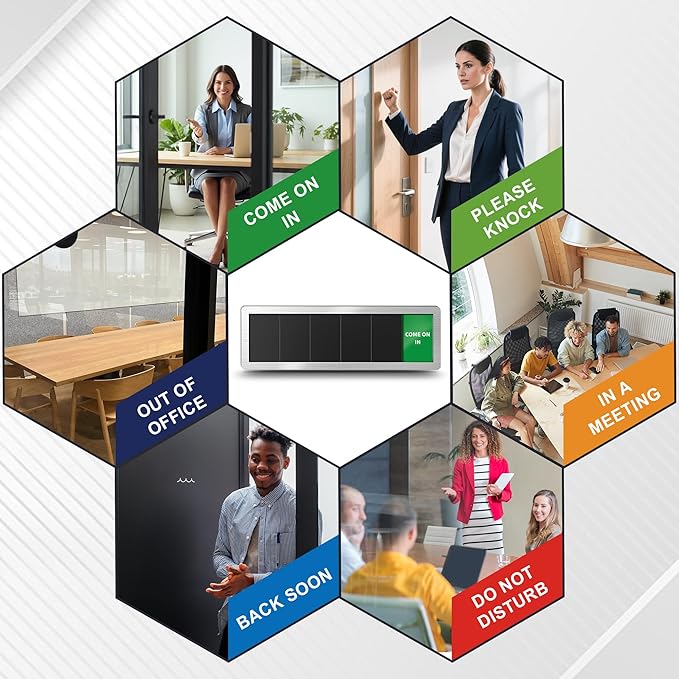 Office Door Signs-Meeting in Progress Door Sign with 6 Options, Do Not Disturb, In a Meeting, Out of Office, Working from Home, Come on in, Back Soon, Business Privacy Sign Shows the Status of the Person Inside the Room