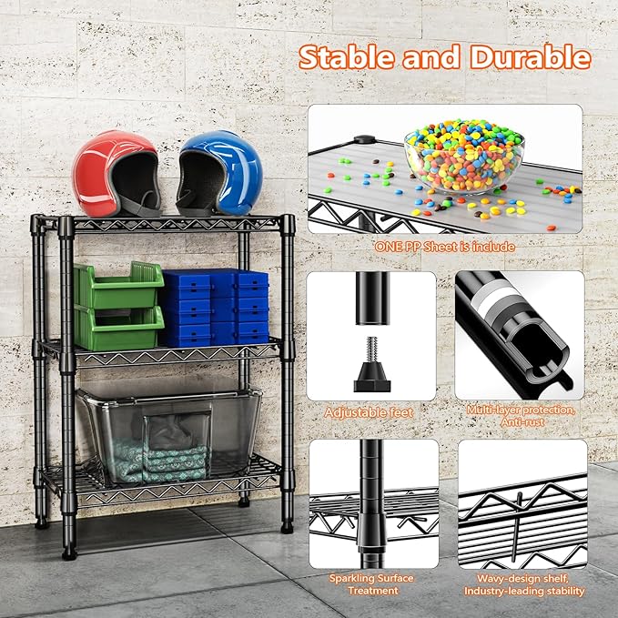 M MZG 750 lbs 3 Tier Shelf Metal Storage Shelves Wire Rack Closet Organizers with PP Board for Garage Kitchen Bathroom Laundry Black 11.8" D x 21.7" W x 28.6" H