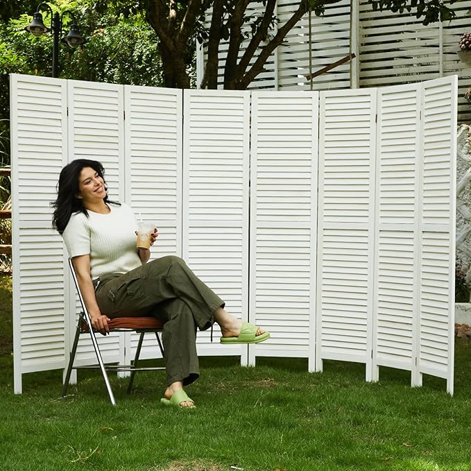 Room Dividers and Folding Privacy Screens, Wood Louvered Separators Divider Wall for Home Office Bedroom - 8 Panels (White-Washed)