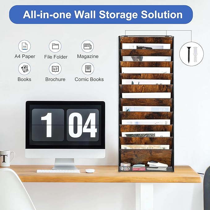 Solinxe 10-Tier Wall File Organizer, Wood Mail Organizer Wall Mounted Paper Document Magazine Holder, Hanging Clipboard Storage Basket with Tray for Office Home School Organization, Black/Antique