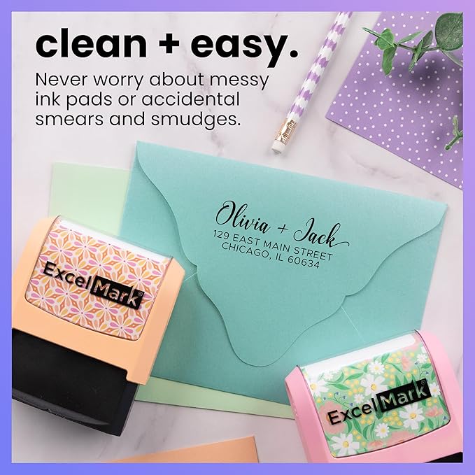 ExcelMark Address Stamp - Custom Return Address Stamp with Elegant Designs, Vibrant Colors & Patterns – Perfect for Mail, Invitations & Gifts (Pink Mount, Signature Script)