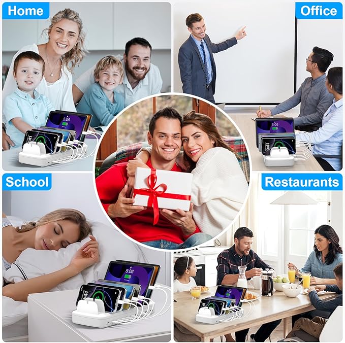 510W Fast Charging Station for Multiple Devices, 10 Port USB C Charger Station with Flame-Retardant Material & 8 Cables for iPhone, Android, iPad, Tablets, Family Office Desk Charging Dock Organizer