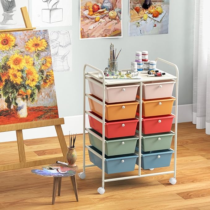 GLACER 10 Drawer Rolling Cart, Storage Cart with Lockable Whieels & Metal Frame, Trolley for Art Craft Oganizer, Mobile Utility Cart for Office, School, Classroom, Kitchen (Multicolor)