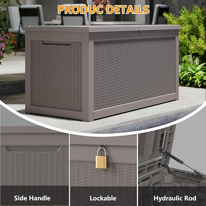 Yardgrace 320 Gallon Outdoor Storage Box Waterproof, Resin Deck Boxes with Lockable Lid & UV-Resistant for Patio, Pool, Garden Furniture Cushions & Accessories, Coffee