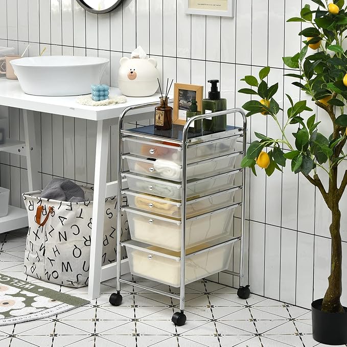 RELAX4LIFE 6-Drawer Rolling Storage Cart - Classroom Organization on Wheels w/Removable Plastic Drawers, Mobile Art Craft Cart for School Paper Home Office, Utility Cart with Drawers (Clear)