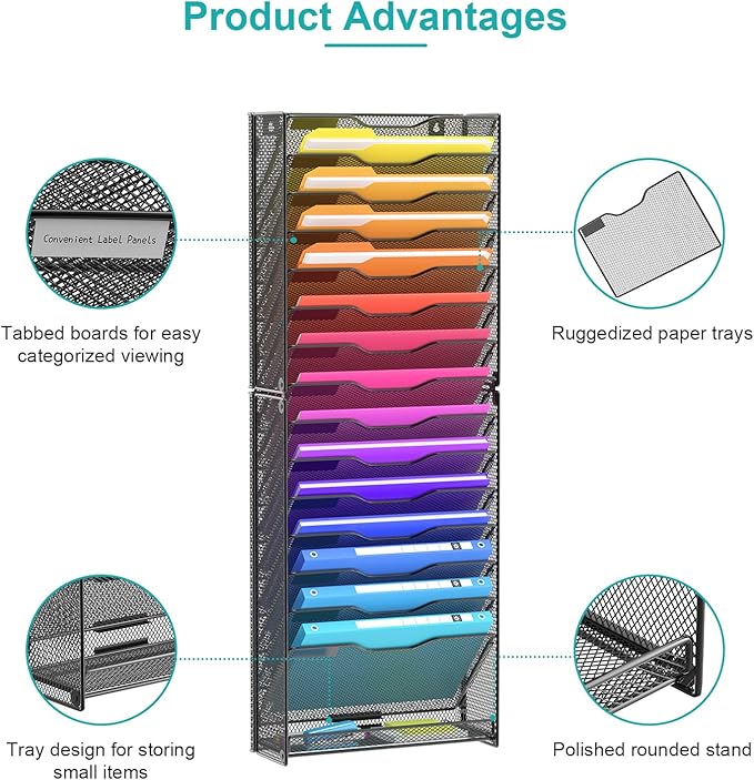 VEESUN Wall File Organizer, 16-Tier Mesh File Holder, Vertical Document Rack For Home, School, and Office Use (Black)
