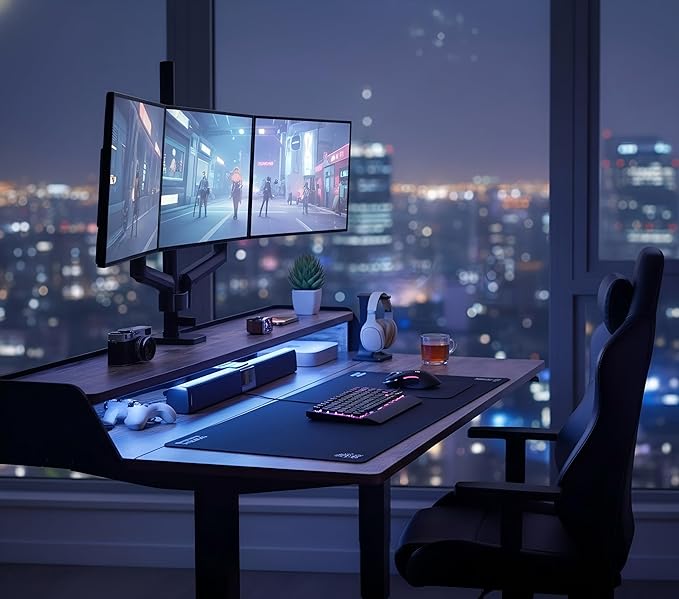 ErGear Standing Desk with LED Strip, 55″ x 28″ Electric Height Adjustable RGB Gaming Table with Shelf, Sit Stand Desk with Dual Cable Holes, C-Clamp Mount Compatible, 4 Preset Heights, Vintage Brown