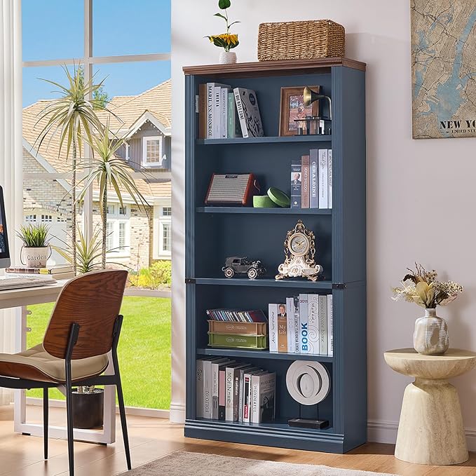 RWYHG 70" Blue Tall Bookshelf Set of 2,5-Tier Thick Wooden Book Shelf with Adjustable Shelves,Free Standing Farmhouse Bookcase with Open Display Storage,Floor Vintage Bookshelves for Living Room