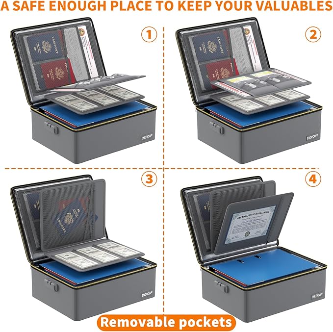 ENGPOW Fireproof Document Box, Hard Case File Box with Fireproof Zipper＆Lock, 6400°F Heat Insulated Fire and Water Resistant File Organizer Storage Safe for Important Documents Laptop Cash, Gray