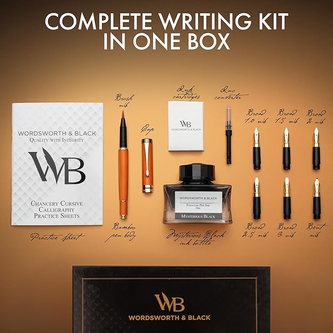 Wordsworth & Black Calligraphy Pen Gift Set, Includes Ink Bottle, 6 Ink Cartridges, Ink Refill Converter, 6 Replacement Nibs, Luxury Bamboo, Journaling, Smooth Writing Pens [Cherry Wood]