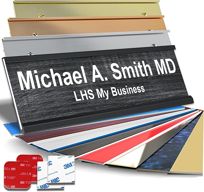 Custom Name Plate with Choice of Mounting for Walls, Doors, Cubicles, Hanging and More - Personalized Carbon Ash Plastic White Letters - USA Made 2x10 - N1