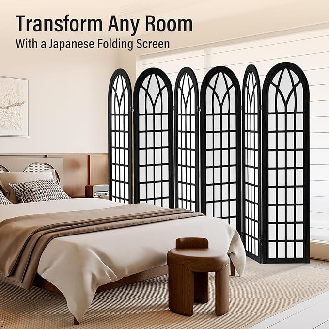 ALeesing Folding Room Divider Privacy Screen Freestanding 6-Panel Shoji Style Wooden Frame Decorative Partition Wall for Bedroom Office Apartment Black