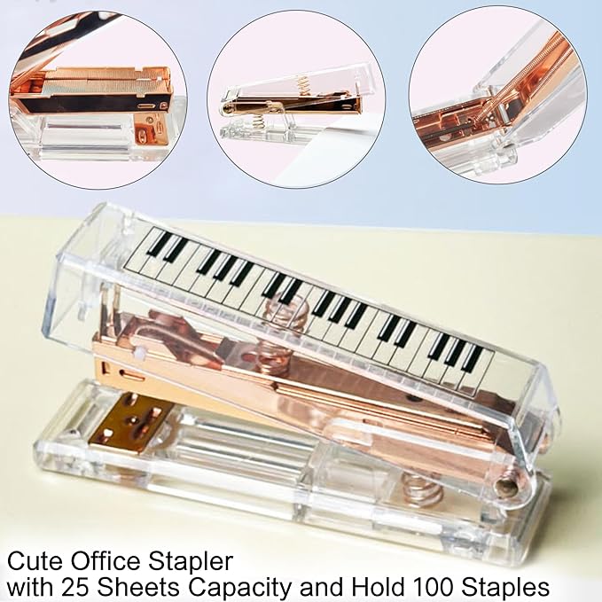 Gold Acrylic Stapler, Cute Office Stapler with 25 Sheets Capacity and Hold 100 Staples Unique and Stylish Design for Home Office Desktop (Piano-Key/High Note) (Piano-Key)