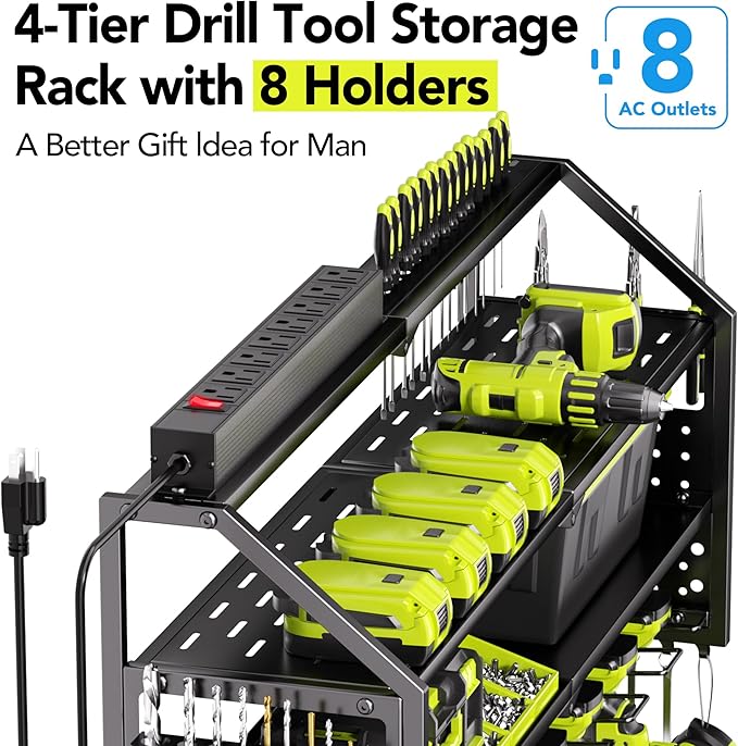 YFFSRJDJ Power Tool Organizer Wall Mount with Charging Station, 8 Drill Holder with 8-Outlet Power Strip, Garage Cordless Drill Storage and Organization, Battery Utility Rack