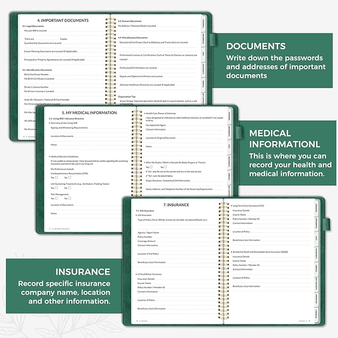 SUNEE End of Life Planner,I‘m Dead Now What Planner, Large Print Spiral-Bound Estate Organizer with Tabs for Seniors & Family. Covers Final Wishes, Passwords,Funeral Planning. A4（9"x11.2"),Deep Green
