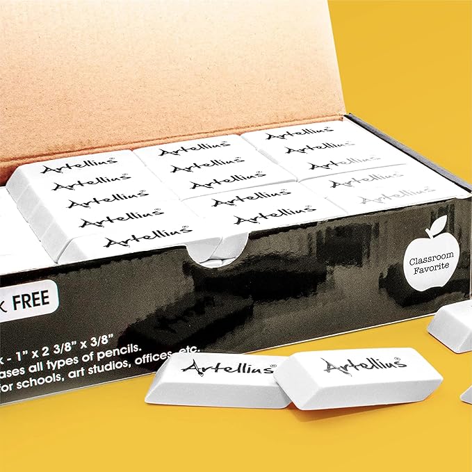 Artellius Erasers - 100-Pack, White, Latex-Free Rubber Blocks - Bulk White Erasers for School, Classroom & Kids - Smudge-Free Erasing for Drawing, Art, Office, Teacher & School Supplies