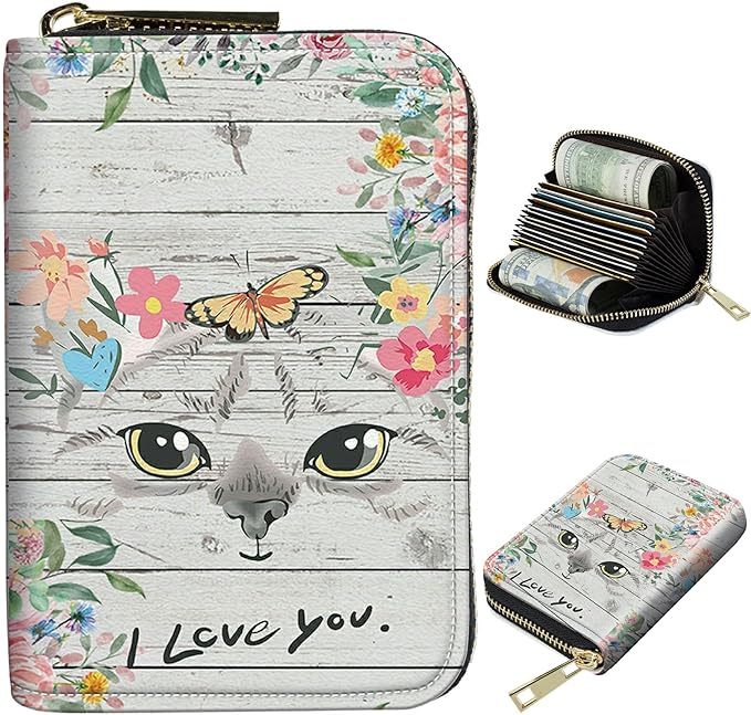 BWEGRHE Cute Credit Card Holder with Zipper, Cat Flowers RFID-Blocking Card Case Small Wallet for Women Men, Multi-slot Card Organizer Case Travel Accordion Wallet