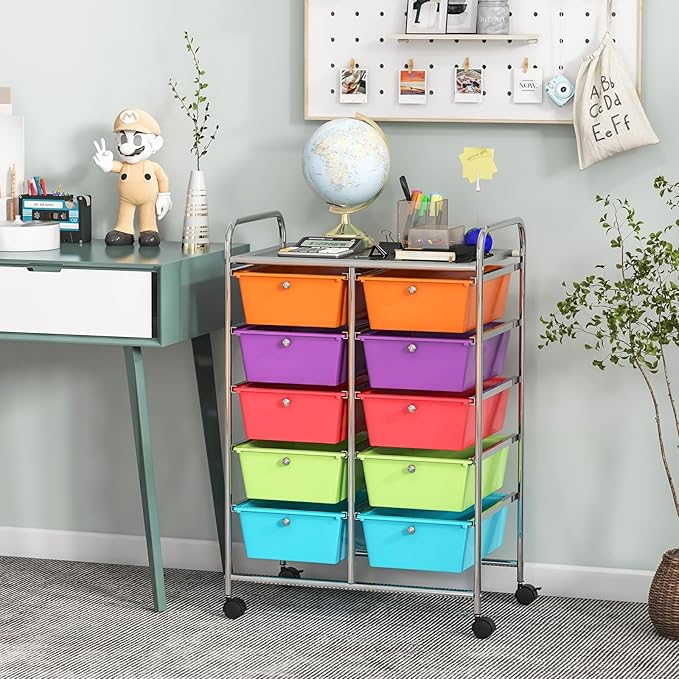 GLACER 10 Drawer Rolling Cart, Storage Cart with Lockable Whieels & Metal Frame, Trolley for Art Craft Oganizer, Mobile Utility Cart for Office, School, Classroom, Kitchen (Rainbow Color)