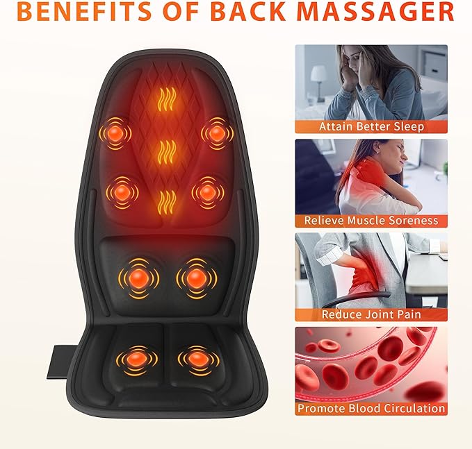 comrelax Back Massager with Heat, Seat Massager with 8 Powerful Vibration Motors, Portable Massage Chair Pad for Office Home Use, Gift for Men/Women/Family/Friends
