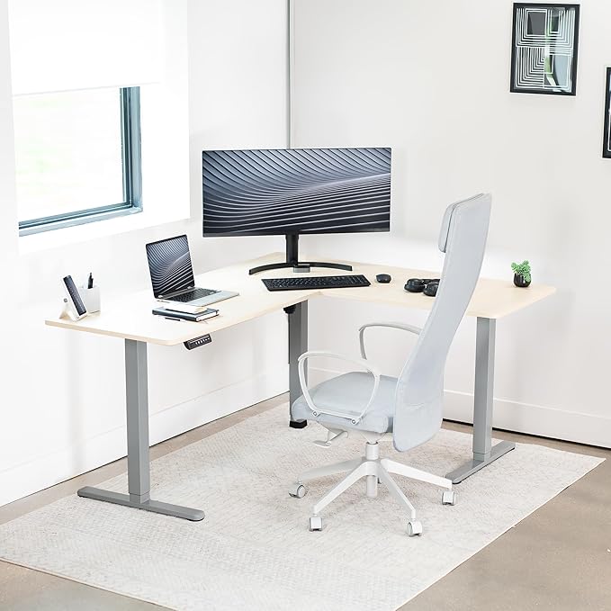 VIVO Electric Corner 63 x 55 inch L-Shaped Standing Desk, Memory Height Adjustment, Light Wood Top Gray Frame, DESK-E3CTGC