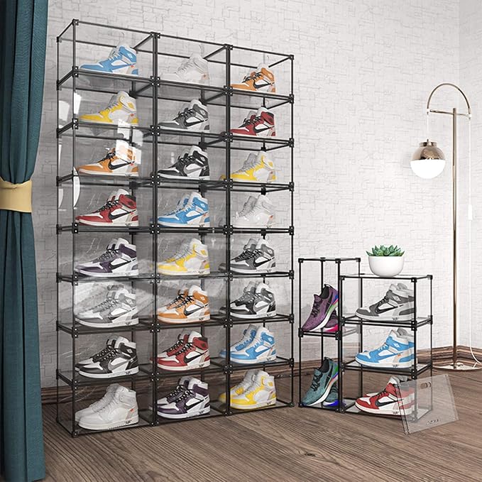KOKOIN Transparent Plastic Storage Clear Shoe Display Case Box Organizer - Magnetic Side Open, 16PC (Black)