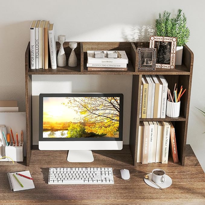 Tangkula Desktop Bookshelf, Countertop Storage Hutch with Shelves for Computer Desk, Desk 3-Tier Display Rack, Multipurpose Wood Desktop Hutch Storage Organizer for Dorm Office