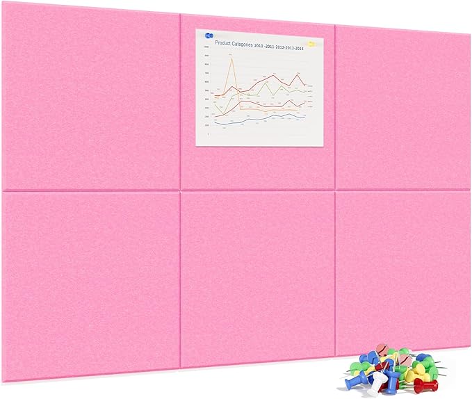 Neatsure Large Cork Board for Wall, 36" x 24" Bulletin Board with Pushpins, 6 Panels Felt Tiles Tack Push Pin Board for Office, Pink