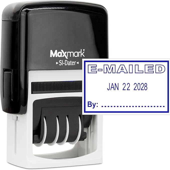 MaxMark Office Self Inking Date Stamp with Phrase E-Mailed - Blue Ink