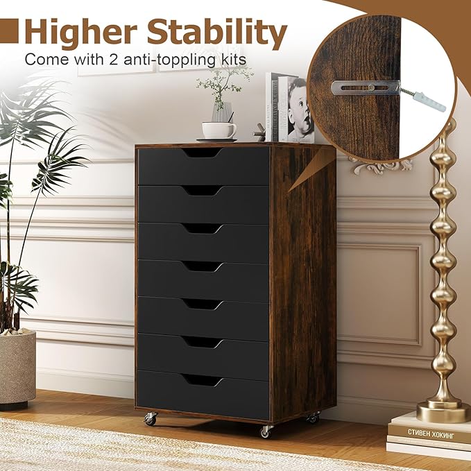 Giantex 7-Drawer Storage Cabinet, Mobile File Organizer with 4 Universal Casters, Wooden Vertical Filing Cabinet on Lockable Wheels for Office, Study, Living Room (19.5” x 16” x 34.5”,Brown+Black)