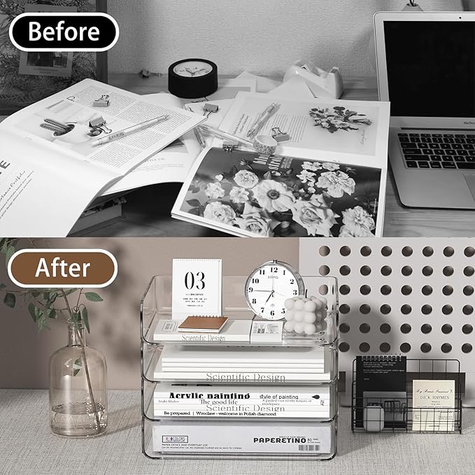 FANXIYQ 4-Tier Acrylic Paper Tray Organizer - Low-Profile Desk File Sorter for Office/Home, Clear Stackable Letter Tray for Bills, Crafts, Notebooks