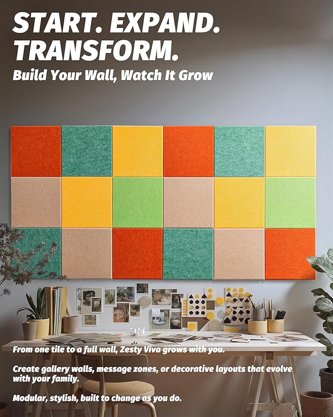 Felt Wall Tiles Bulletin Boards, Colorful Square Modular Design, Removable Cork Board Alternative for Wall, Felt Display Panels for Home, Office, Playroom 11.8”x11.8”, 9 Pack (Zesty Viva)