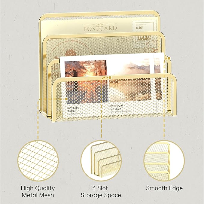 SUPEASY Mail Organizer for Desk, Mesh Metal Mail Holder Countertop with 3-Slot, Letter Sorter File Holder, Office Envelope Organizer for Mails (Gold)