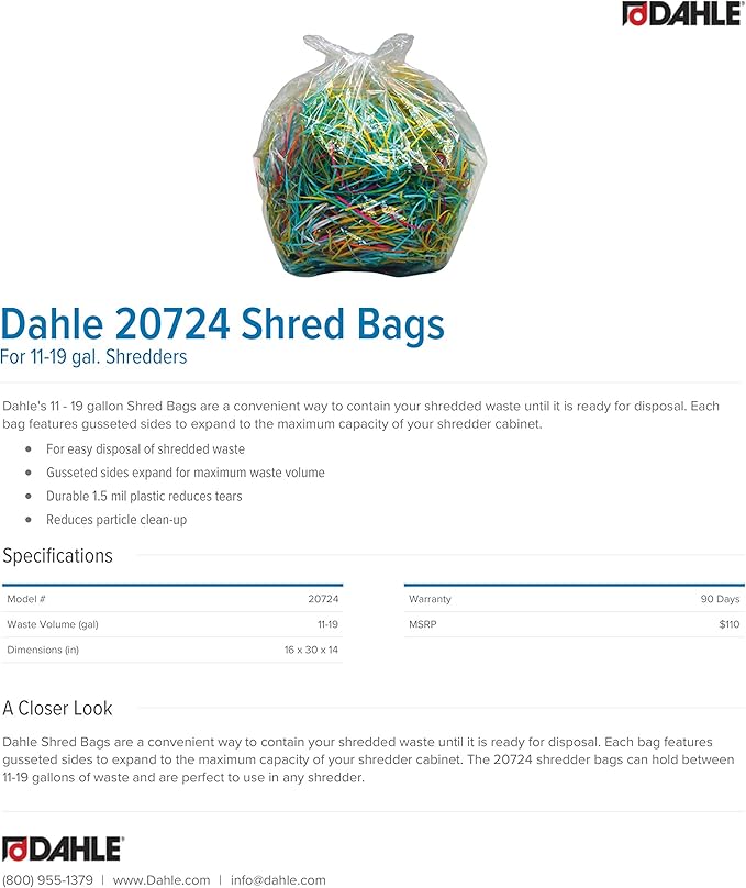 Dahle 20724 Shred Bags w/Gusseted Sides For Maximum Capacity, For Dahle 11-19 Gal Bin Shredders (Pack of 100)