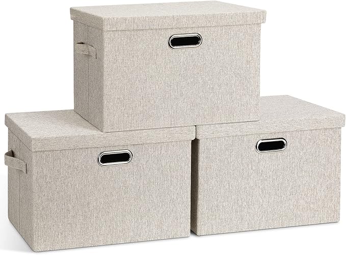 Graciadeco Large Quart Collapsible Stackable Storage Bins with Lids, 3 Packs Beige Linen Fabric Closet Boxes with Lids, Storage Cube Baskets Container Organizers for Bedroom Office(16.6 x 11.7 x 10.8)