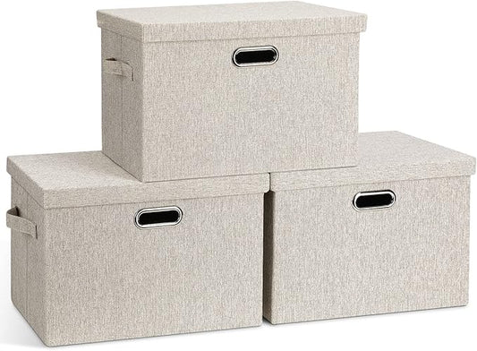 Graciadeco Large Quart Collapsible Stackable Storage Bins with Lids, 3 Packs Beige Linen Fabric Closet Boxes with Lids, Storage Cube Baskets Container Organizers for Bedroom Office(16.6 x 11.7 x 10.8)