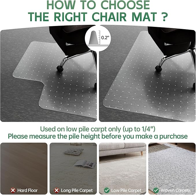 Office Chair Mat for Carpet - Clear Thick Desk Chair Mat for Carpet Plastic Floor Mats for Rolling Work and Gaming Chairs with Studs for Low Pile, Flat and No Carpeted Floors