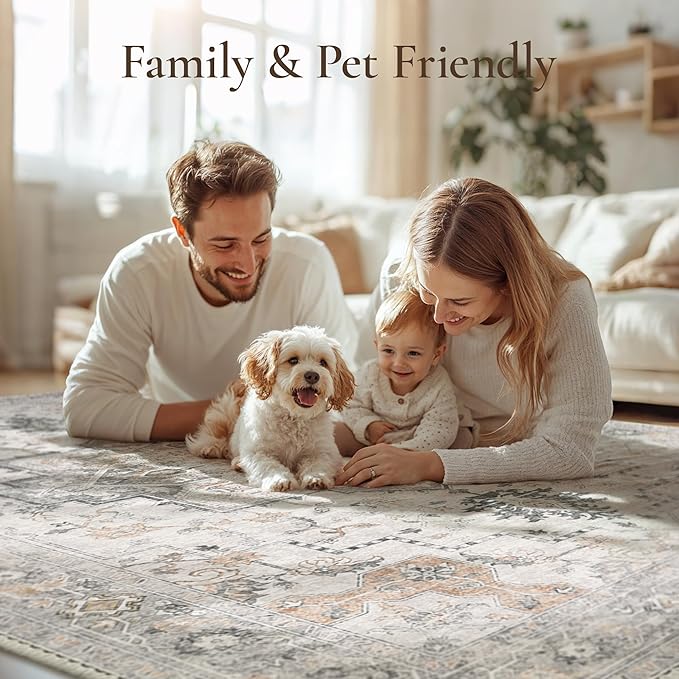 GENIMO 3FT Round Area Rugs for Living Room, Circle Rugs Machine Washable Low Pile, Chenille Non Slip Vintage Rug for Bedroom, Dining Room, Home Office, Light Taupe Brown