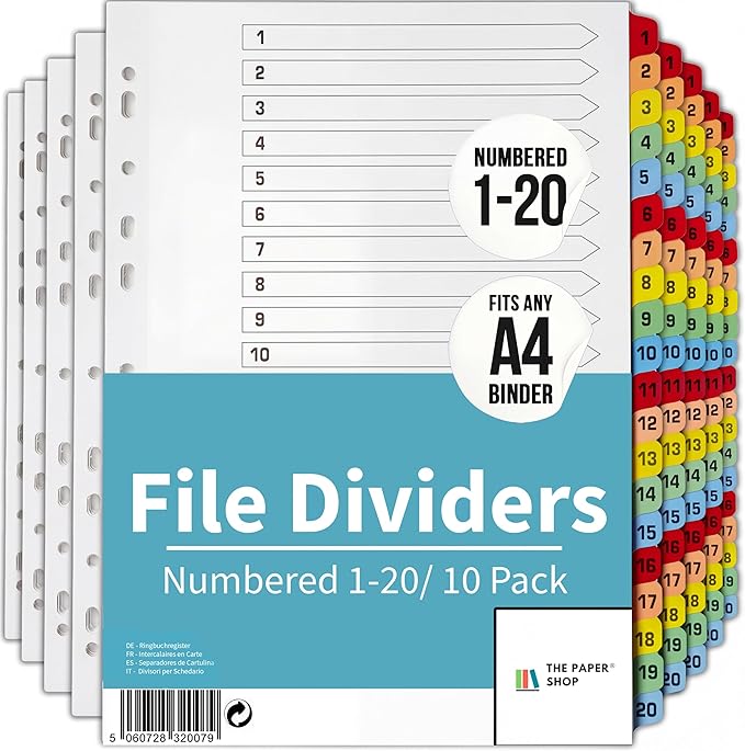 Binder Dividers with Tabs 1-20 Numbered – A4 (10 Pack) | Dividers for 3 Ring Binder | Numbered Tab Dividers for Office, School & Home Organization - The Paper Shop