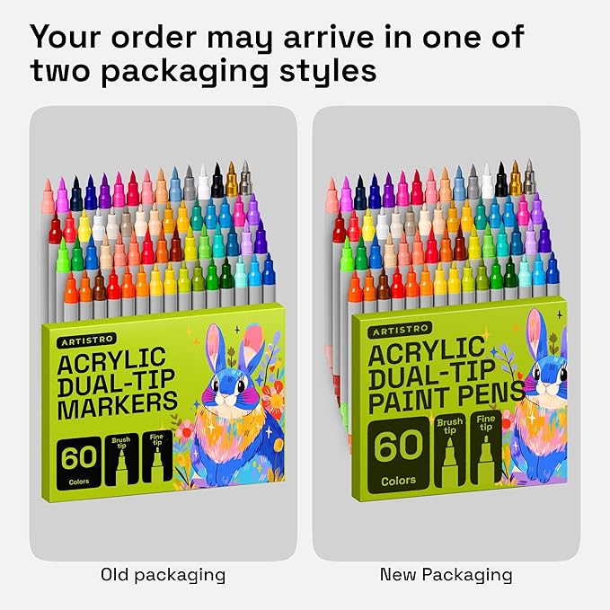 ARTISTRO 60 Acrylic Paint Markers - Paint Pens Dual Tip Brush + Fine Ideal for Calligraphy - Perfect for Fabric, Rock, Glass, Wood, DIY - Art Supplies, Stocking Stuffers, Christmas Gift Idea