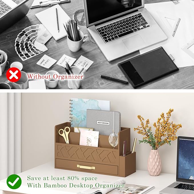 Wisuce Home Bamboo Desktop Organizer with Drawer,Bill & Mail Organizer for Office Desk, Wall Mounted and Countertop Mail Sorter,Workspace Storage Accessories Organizer for File Letter （Brown）