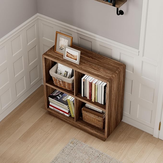 ChooChoo 4 Cube Storage Organizer, Wooden Bookcase with Storage, Cube Storage Bookshelf for Bedroom and Home Office, Brown Walnut