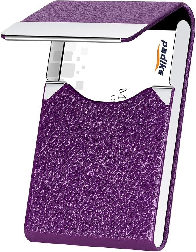 Padike PU Leather Business Card Holder for Women Slim Pocket Business Name Card Holder Stainless Steel Business Card Case with Magnetic Shut (Purple)