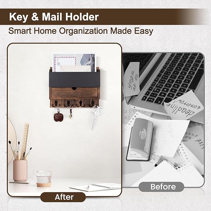 Lucundm Mail and Key Holder Wall Mount with Storage Drawer – Modern Wooden Mail Organizer for Wall Entryway, 7 Key Hooks & Chalkboard Panel – Stylish Home Decor for Apartments, Living Room, Office