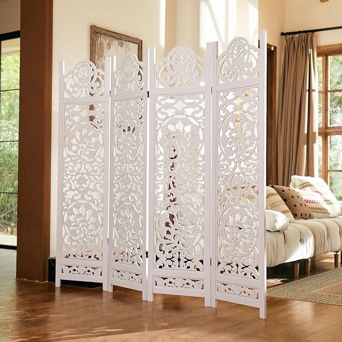 5.75Ft Room Divider Wood Screen, 33Lbs Durable MDF Carved Rustic Style Headboard, Reversible Freestanding Folding Partition Paravent for Home, 69 * 71 inch(H*W) - 4 Panels (Rustic White)