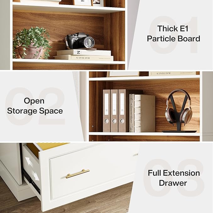 Tribesigns Way to Origin 2-Drawer Vertical File Cabinet for Letter Size, Moder Filing Cabinet with 5-Tier Bookshelf, Large Printer Stand with Open Storage Shelves for Home Office (White)