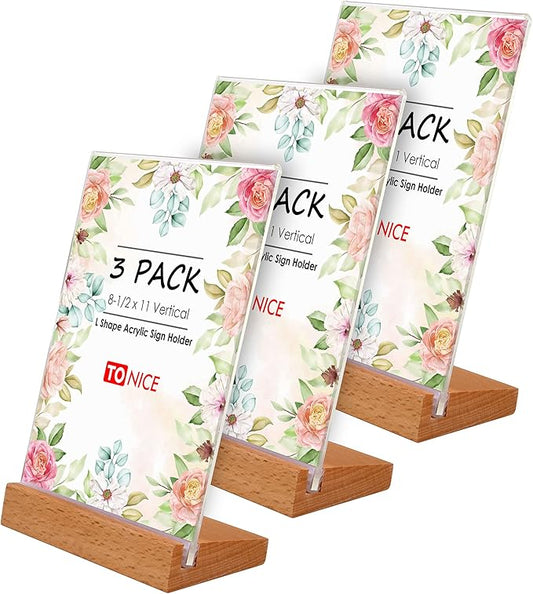 TONICE® 3 Pack 8.5x11 Acrylic Sign Holder L Shape Slant Back Design Clear Acrylic Frame Wood Base, Table Menu Display Stand, Flyer Display (Optional 8.5x11/5x7 Inch L/T Shape)
