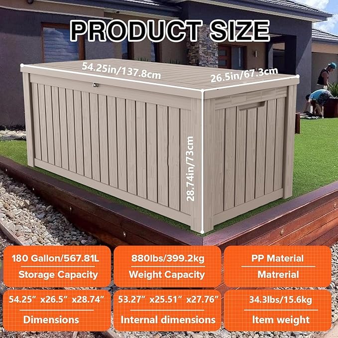 Decksplore 180 Gallon Outdoor Storage Box Waterproof Lockable Resin Deck Box Large, Patio Storage Bin for Pool Accessories Cushion Furniture, Garden Tools, UV-Resistant Outside Delivery Grey