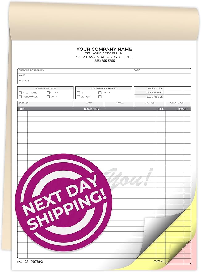 Custom 8.5" x 11" Carbonless NCR Books in 3-Part Triplicate Invoices, Receipts, Work Orders, Sales Orders, Purchase Orders, Estimates, Quote Forms with Your Company/Business Name (66 Sets)